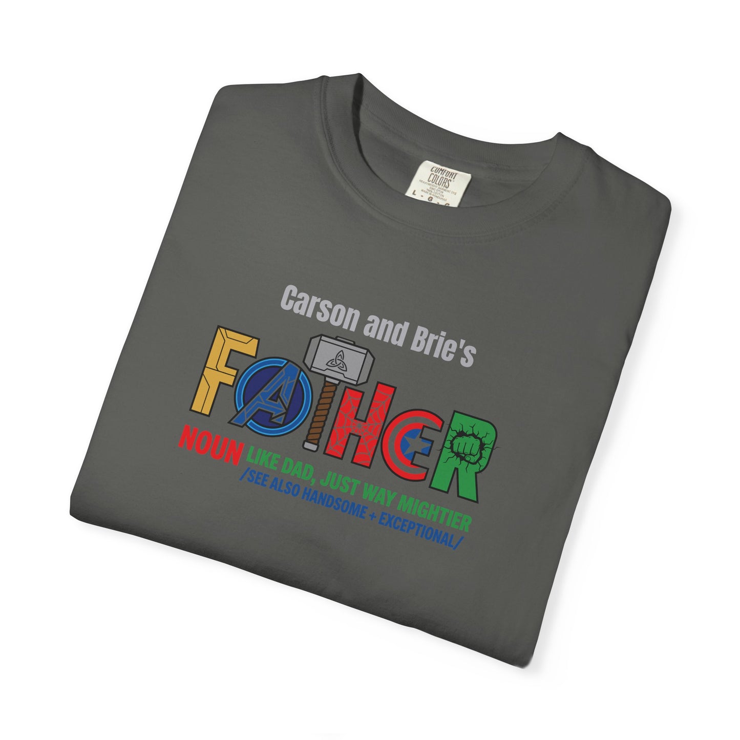 Superhero Father Custom Kid's Names— Fathers Day Tee