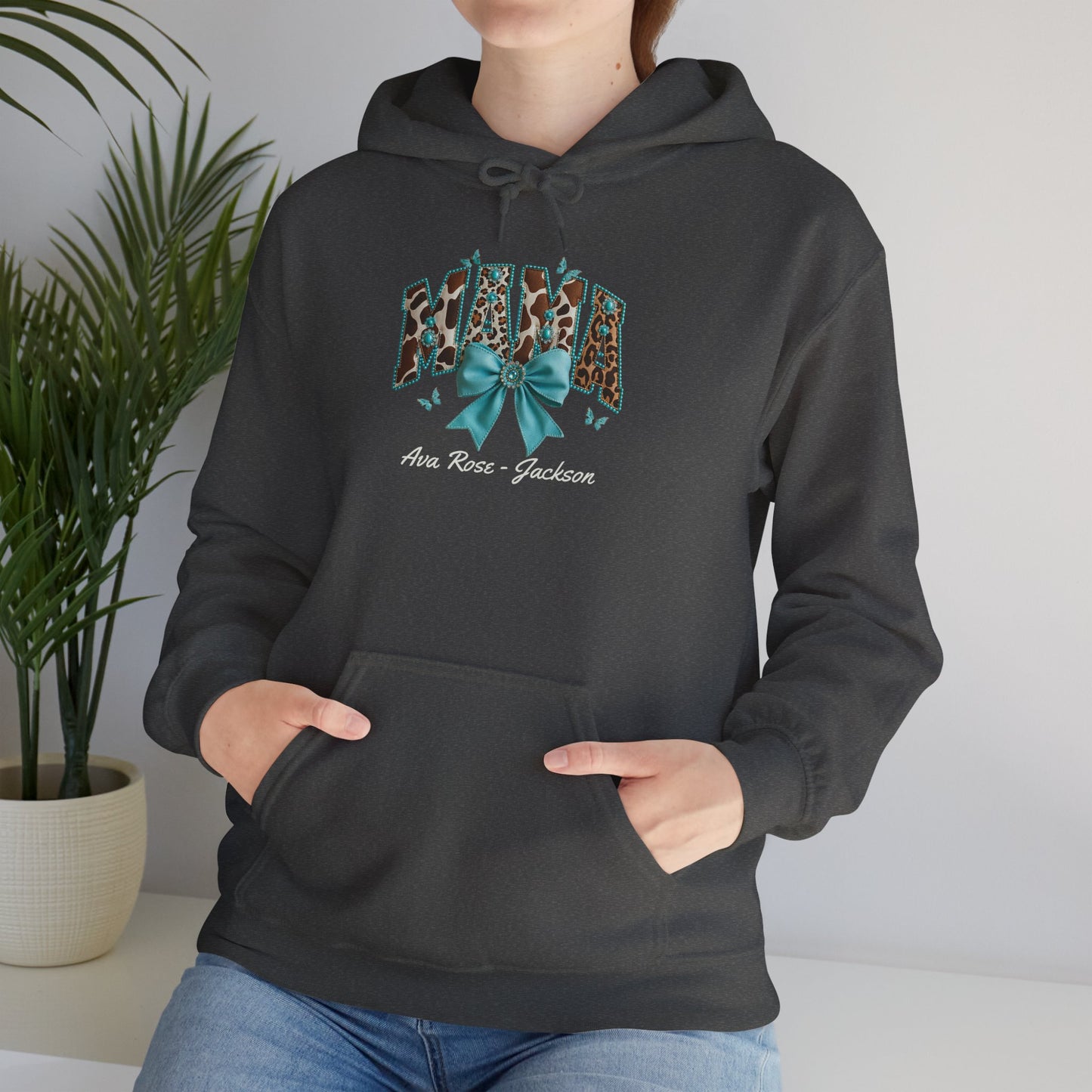 Mama Teal Bow Custom Kids Name Mama Hoodie — Personalized Mom Hoodie
