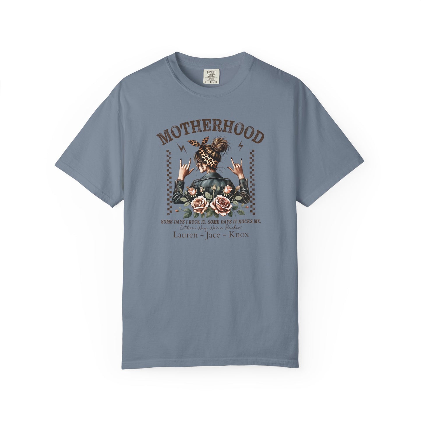 Rockin Motherhood Custom Name T-Shirt — Personalized Mom Script Graphic Tee