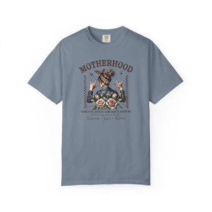 Rockin Motherhood Custom Name T-Shirt — Personalized Mom Script Graphic Tee