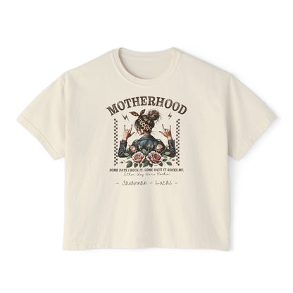 Rockin Motherhood Custom Name Boxy Tee — Mother's Day Shirt