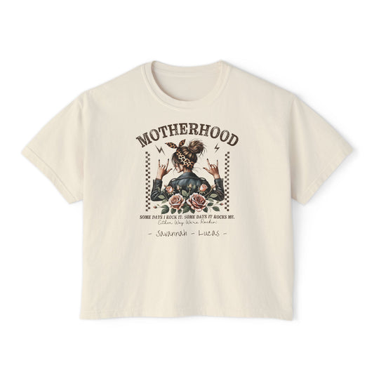 Rockin Motherhood Custom Name Boxy Tee — Mother's Day Shirt