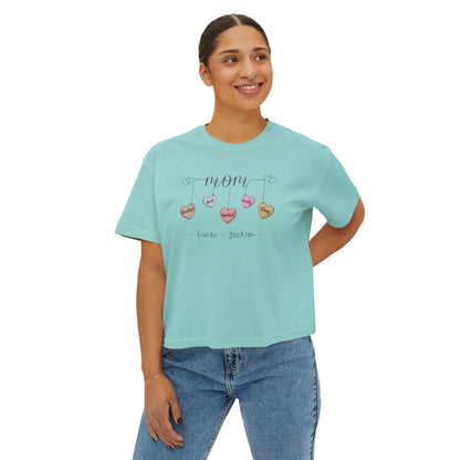 Mom Hearts Custom Name Boxy Tee — Mother's Day Shirt