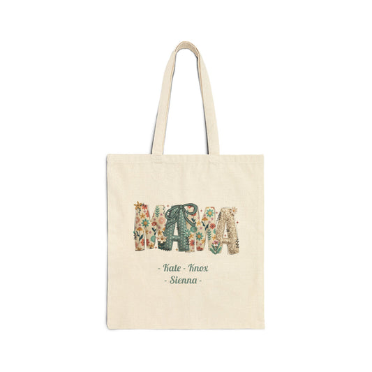 Floral Patchwork Mama Custom Kid's Names Tote Bag – Personalized Cotton Canvas Market Tote