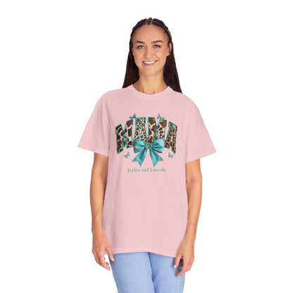 Mama Teal Bow Custom Name T-Shirt — Personalized Mom Script Graphic Tee