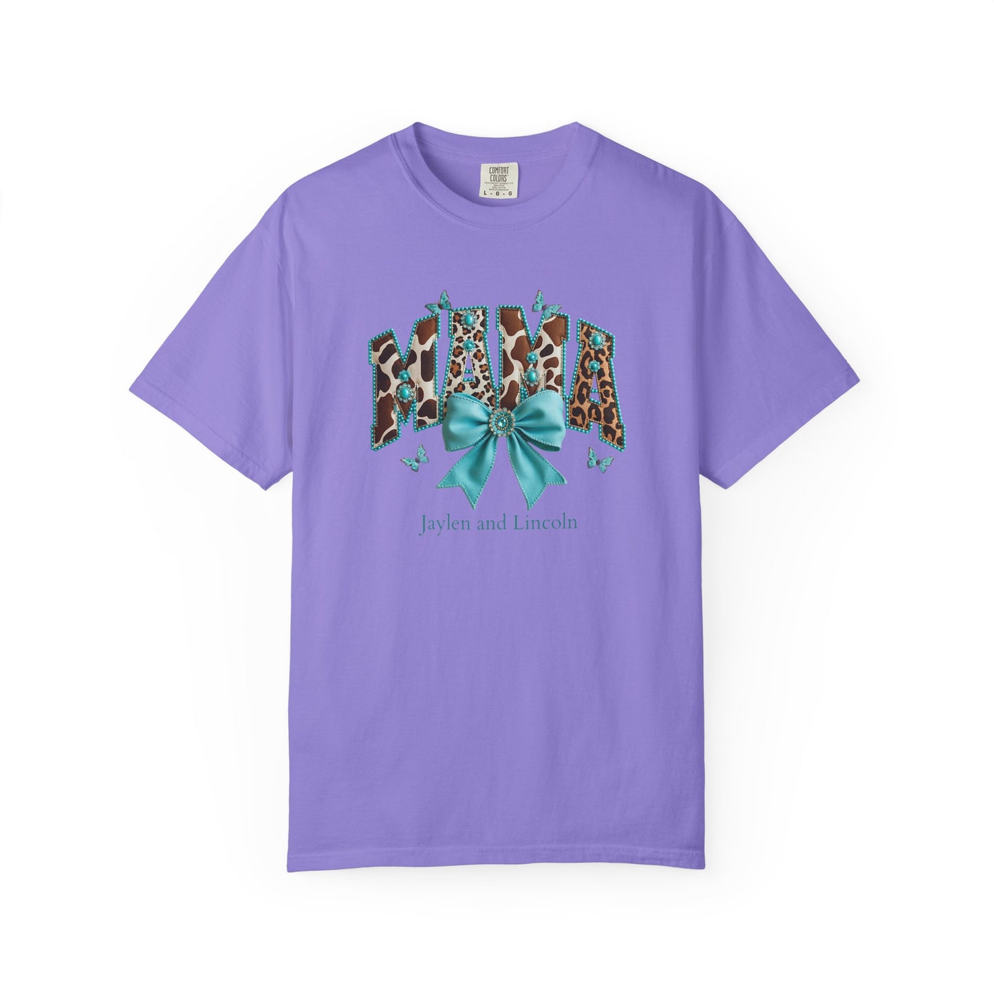 Mama Teal Bow Custom Name T-Shirt — Personalized Mom Script Graphic Tee
