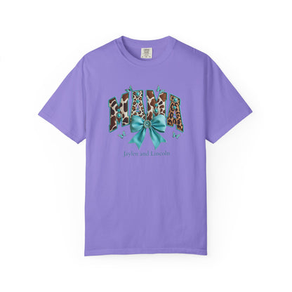Mama Teal Bow Custom Name T-Shirt — Personalized Mom Script Graphic Tee