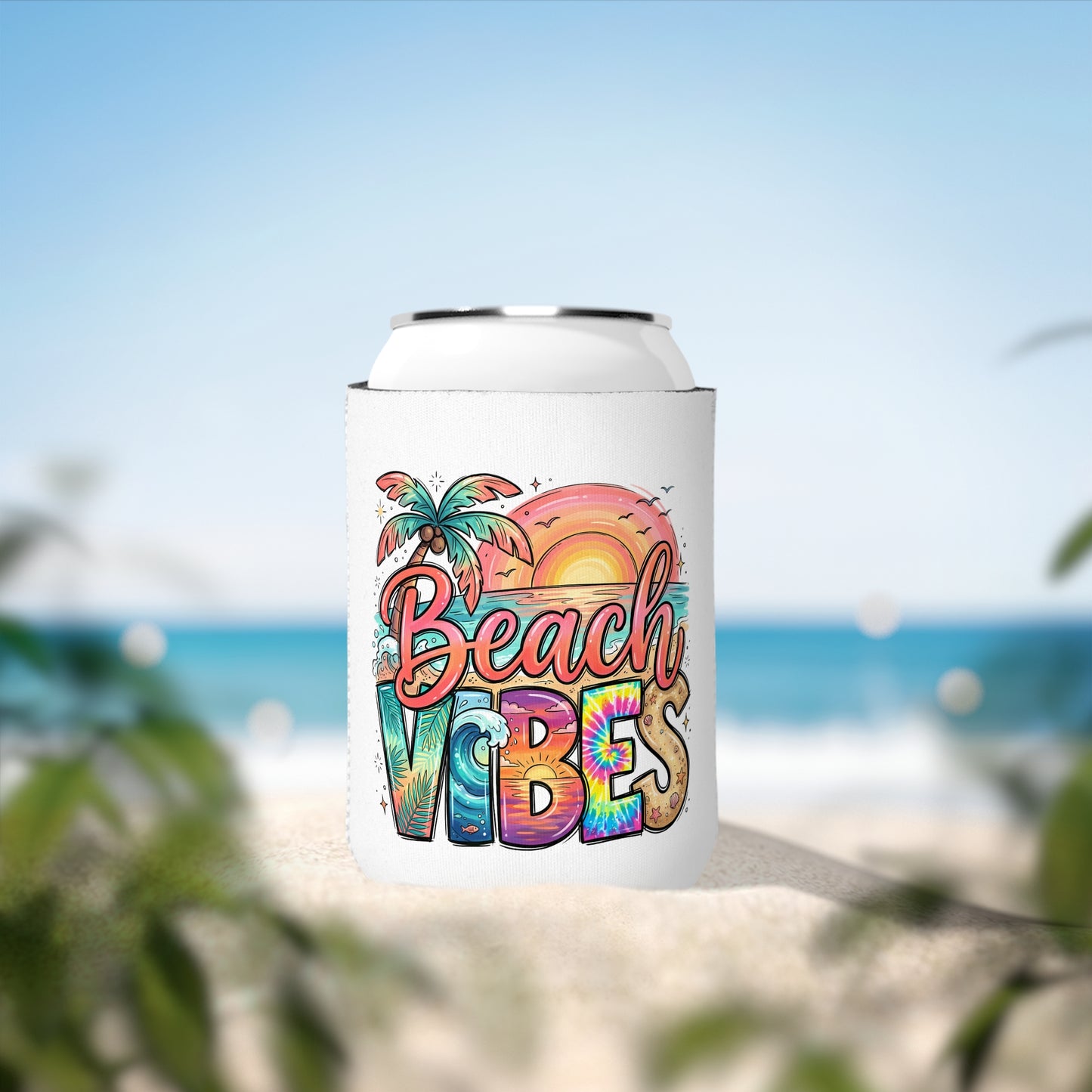 Beach Vibes Cooler Sleeve — Personalized Can Koozie for BBQs & Beach Days