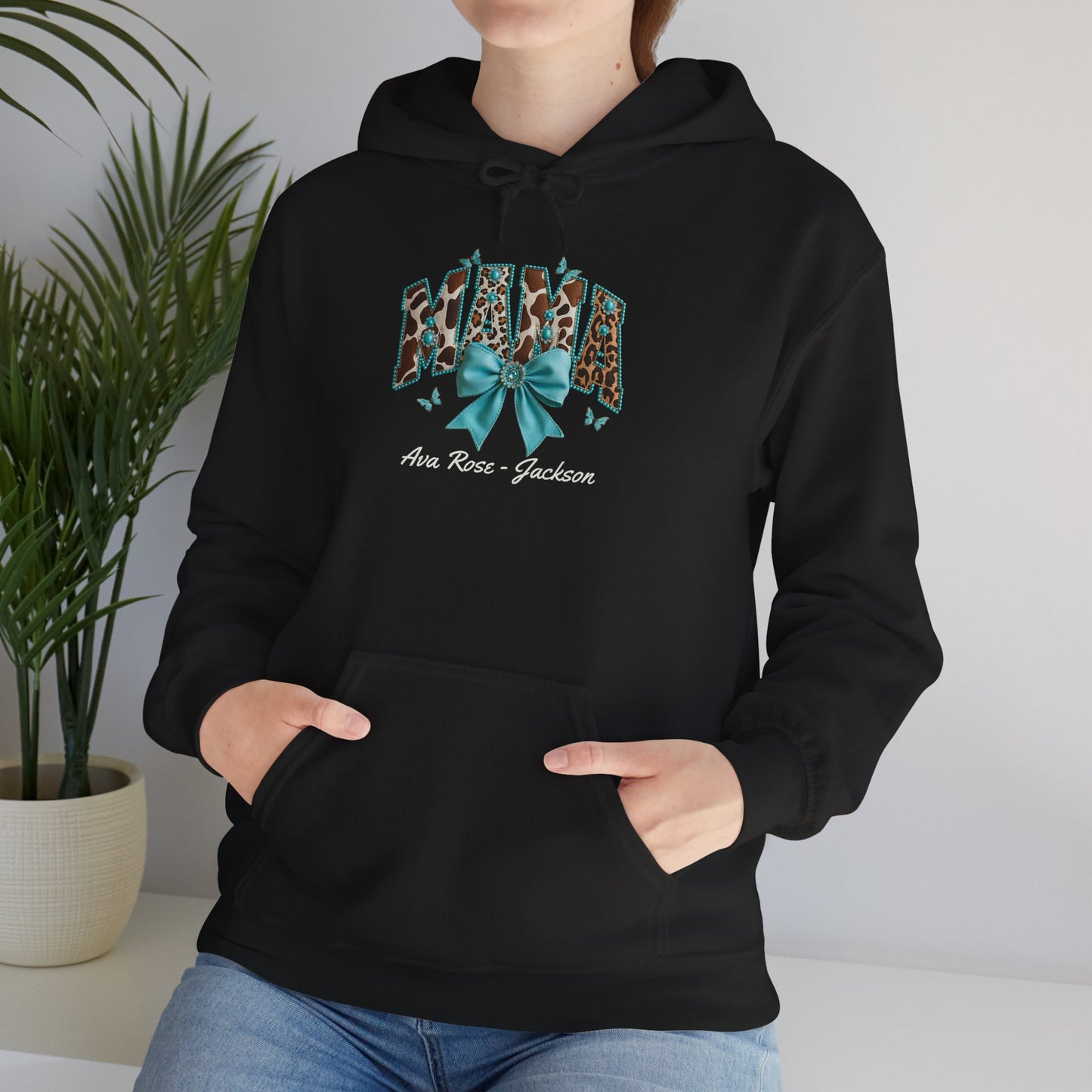 Mama Teal Bow Custom Kids Name Mama Hoodie — Personalized Mom Hoodie