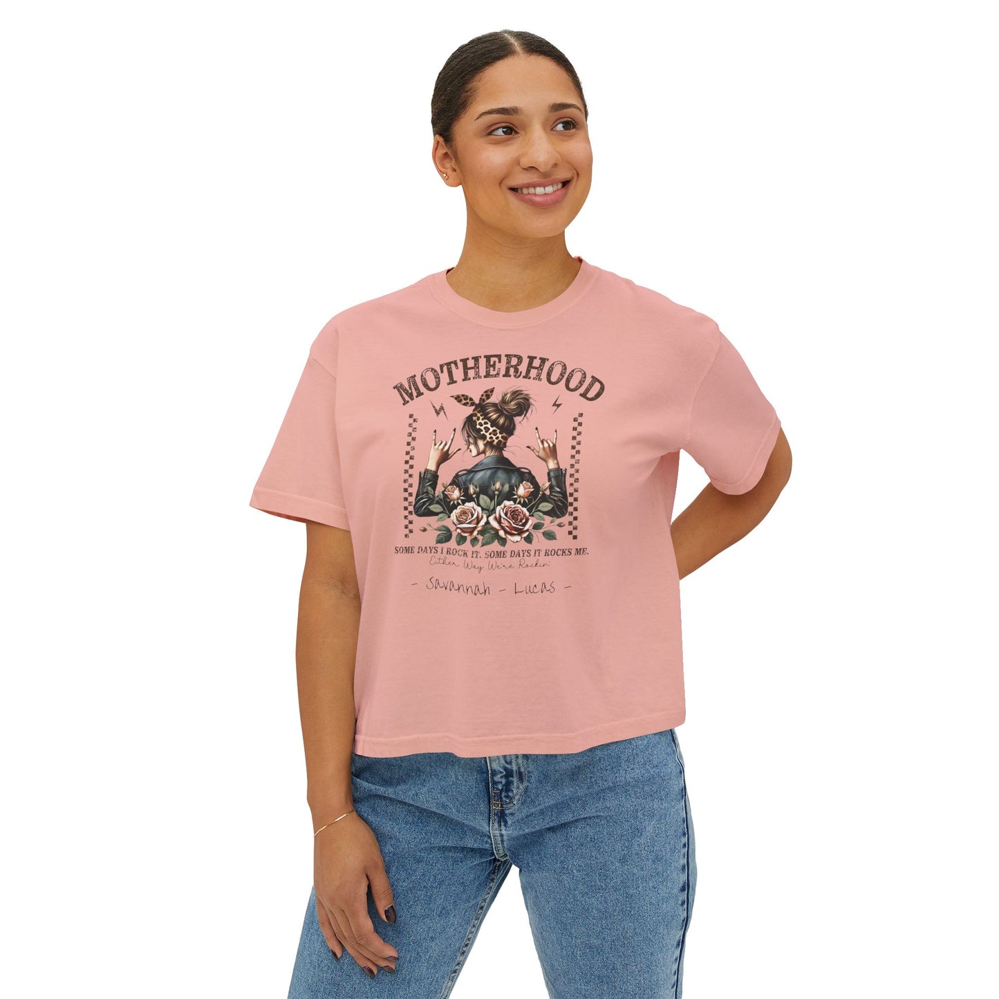 Rockin Motherhood Custom Name Boxy Tee — Mother's Day Shirt