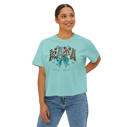 Mama Teal Bow Custom Name Boxy Tee — Mother's Day Shirt