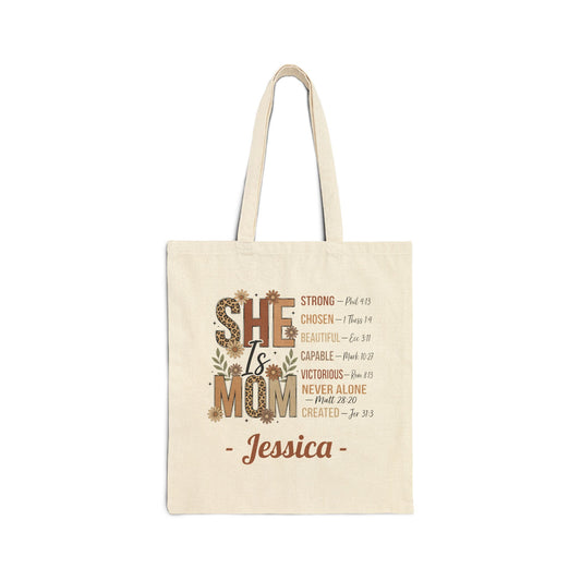 She Is Mom Custom Name Tote Bag – Personalized Cotton Canvas Market Tote
