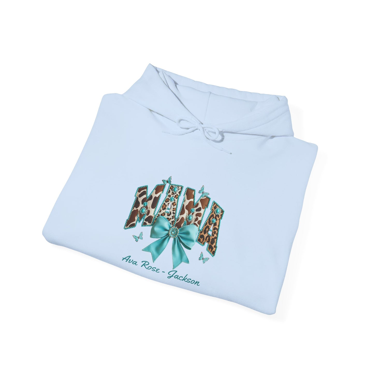 Mama Teal Bow Custom Kids Name Mama Hoodie — Personalized Mom Hoodie