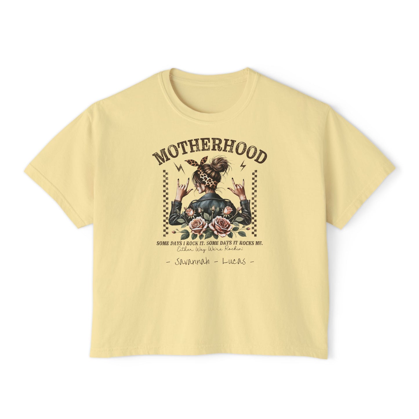 Rockin Motherhood Custom Name Boxy Tee — Mother's Day Shirt