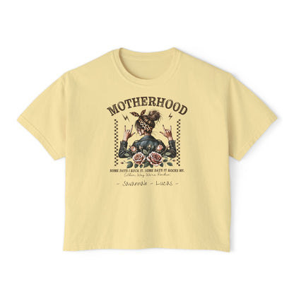 Rockin Motherhood Custom Name Boxy Tee — Mother's Day Shirt