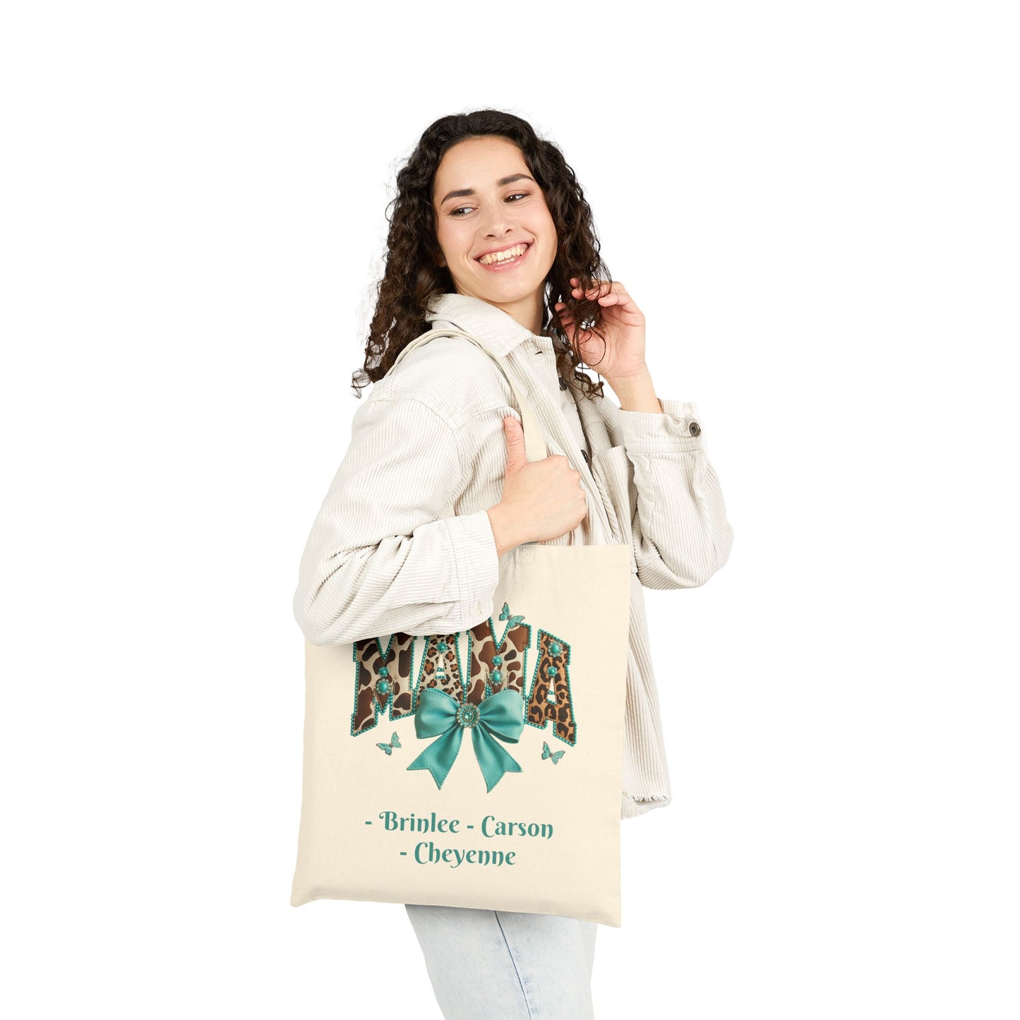 Mama Leopard Print Tote Bag with Teal Bow Custom Names — Personalized Mom Tote