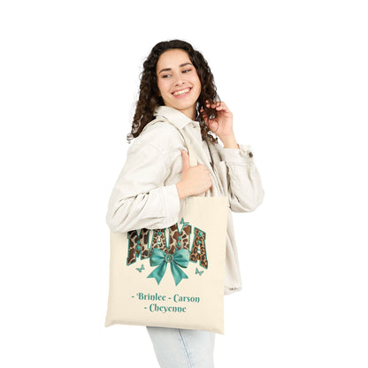 Mama Leopard Print Tote Bag with Teal Bow Custom Names — Personalized Mom Tote