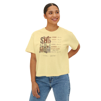 She Is Mom Custom Name Boxy Tee — Mother's Day Shirt