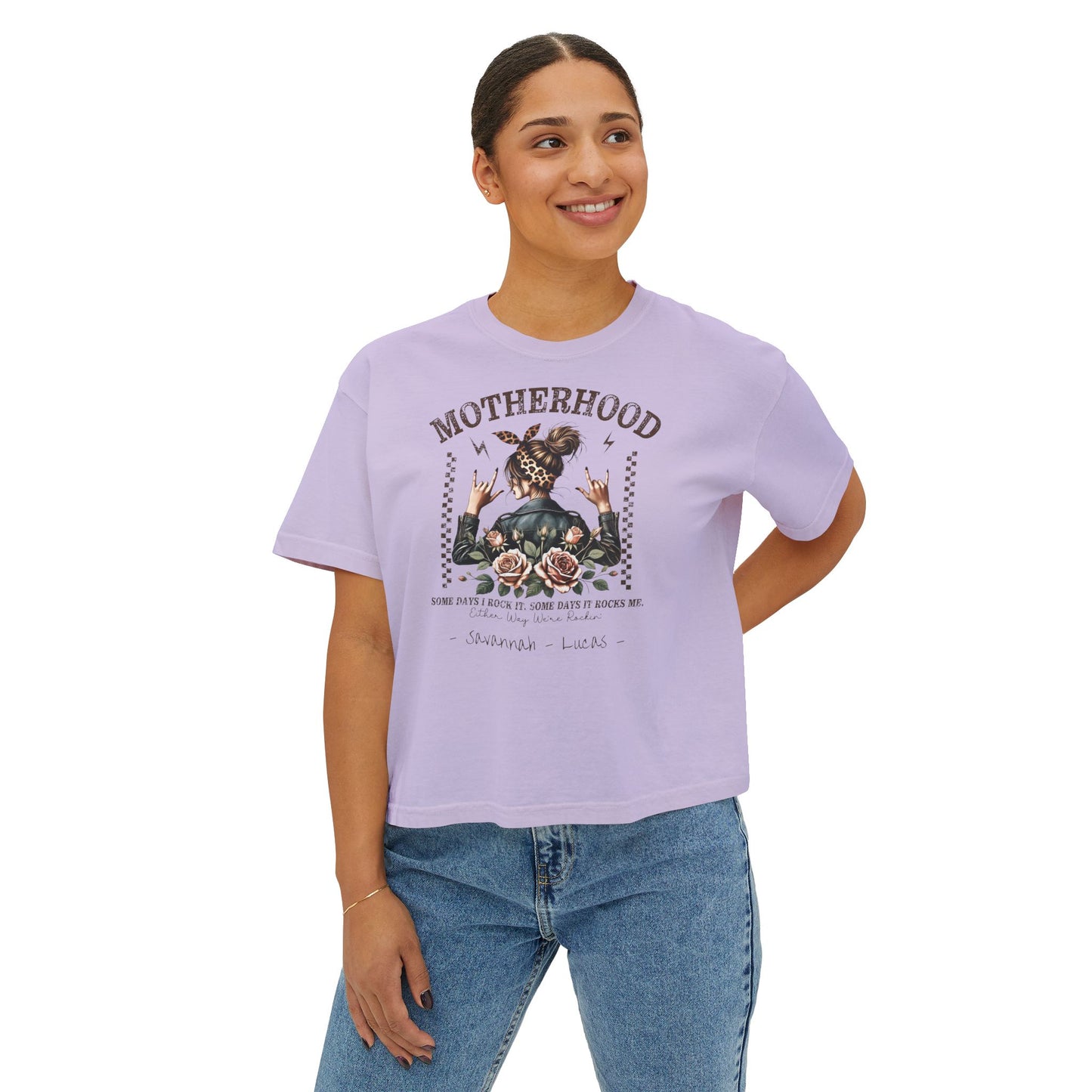 Rockin Motherhood Custom Name Boxy Tee — Mother's Day Shirt