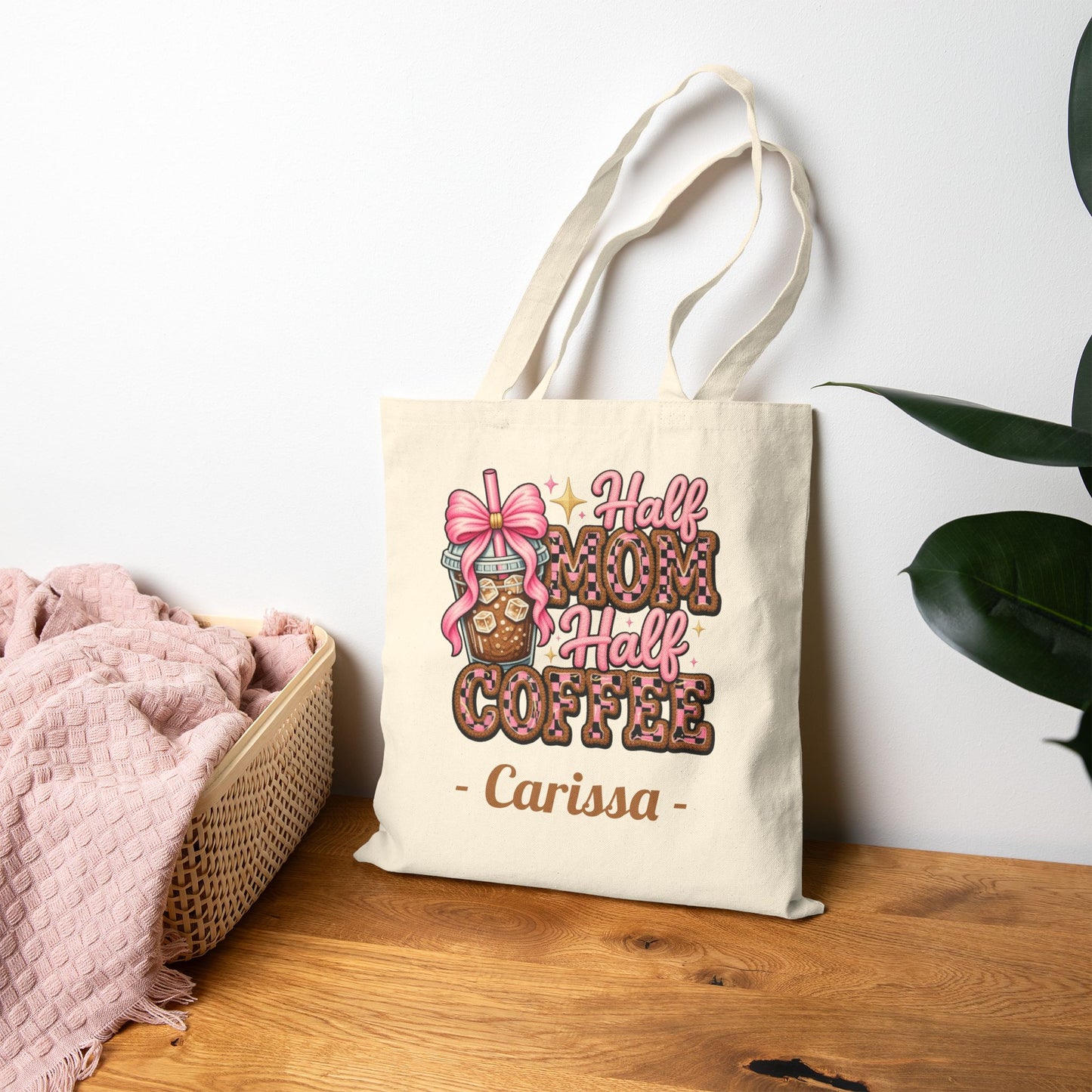 Half Mom Half Coffee Custom Name Tote Bag – Personalized Cotton Canvas Market Tote