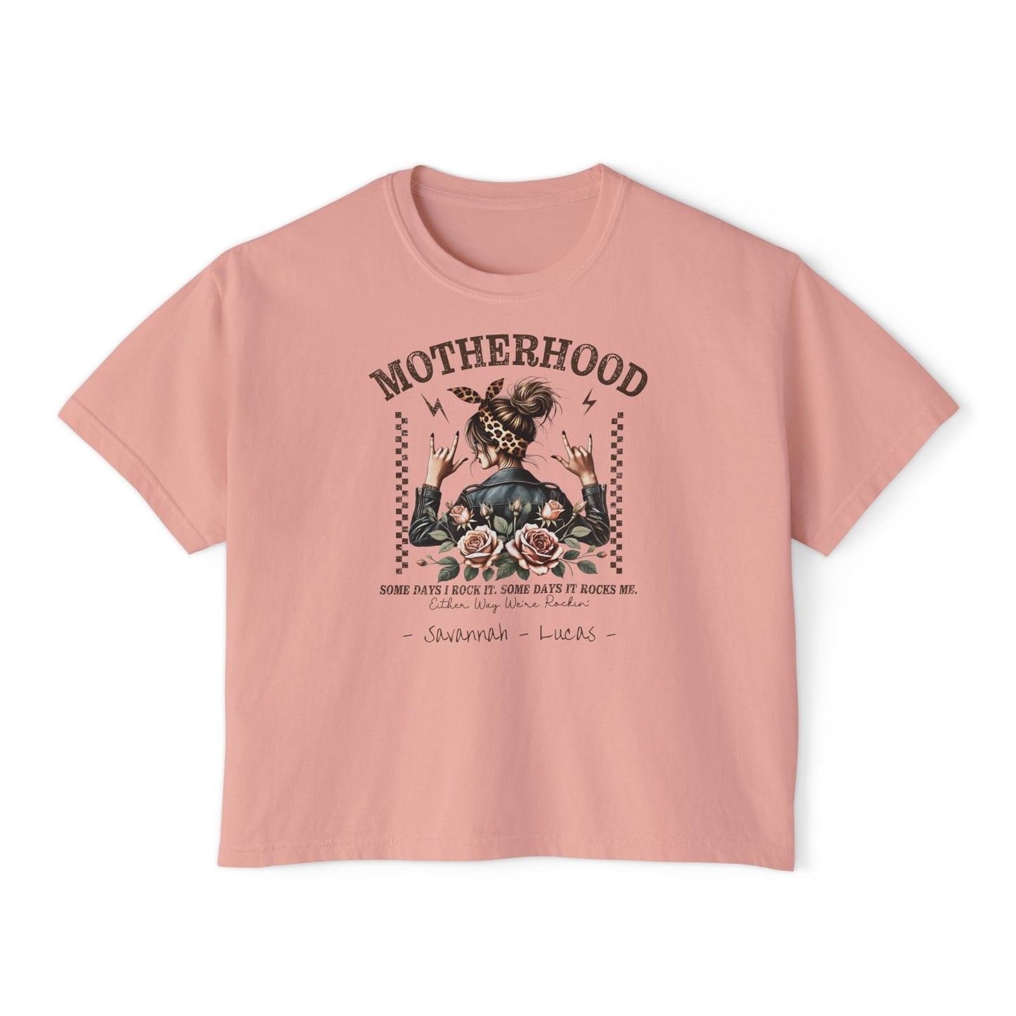Rockin Motherhood Custom Name Boxy Tee — Mother's Day Shirt