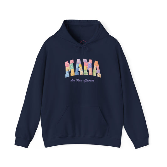 Faux Quilted Mama Custom Kids Name Mama Hoodie — Personalized Mom Hoodie