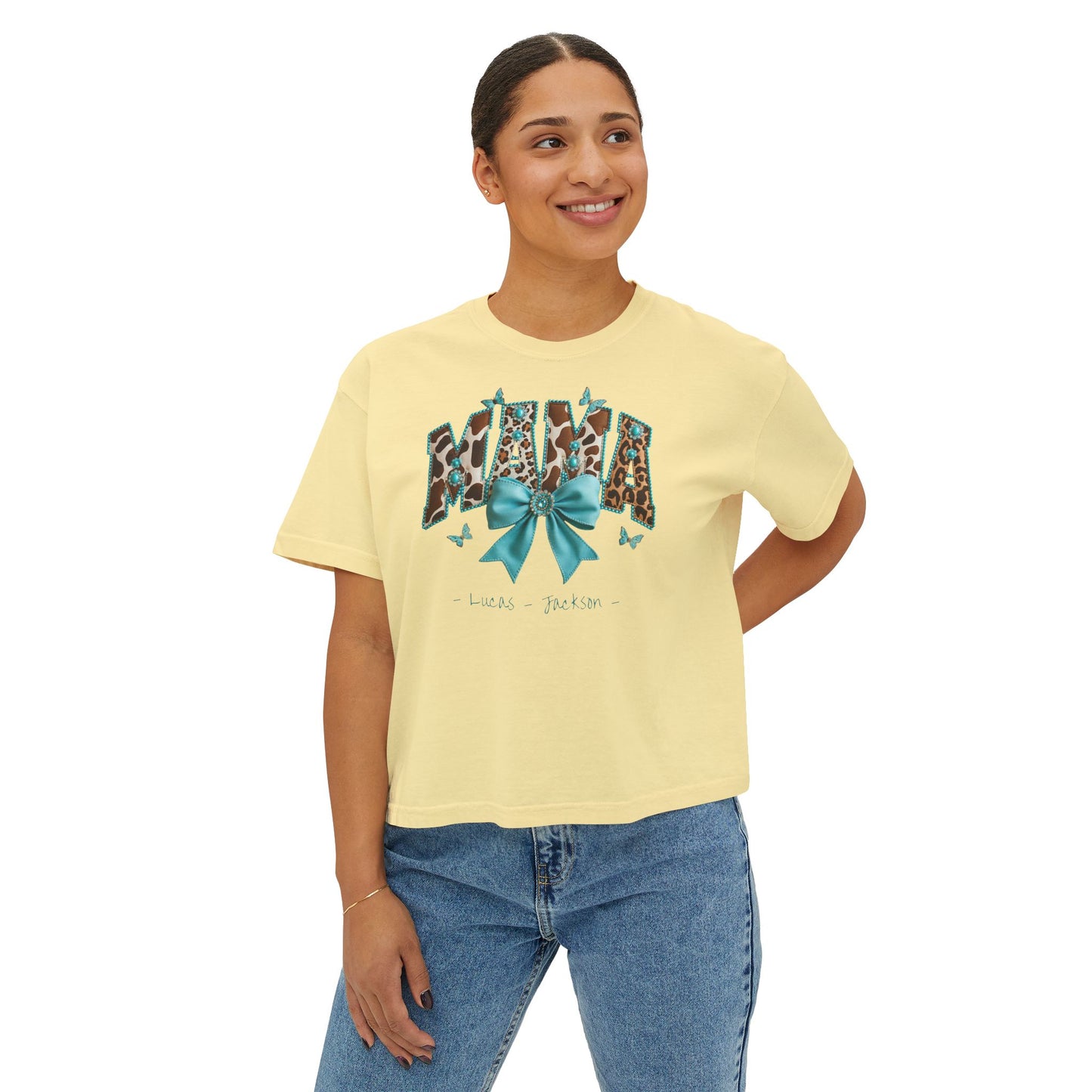 Mama Teal Bow Custom Name Boxy Tee — Mother's Day Shirt