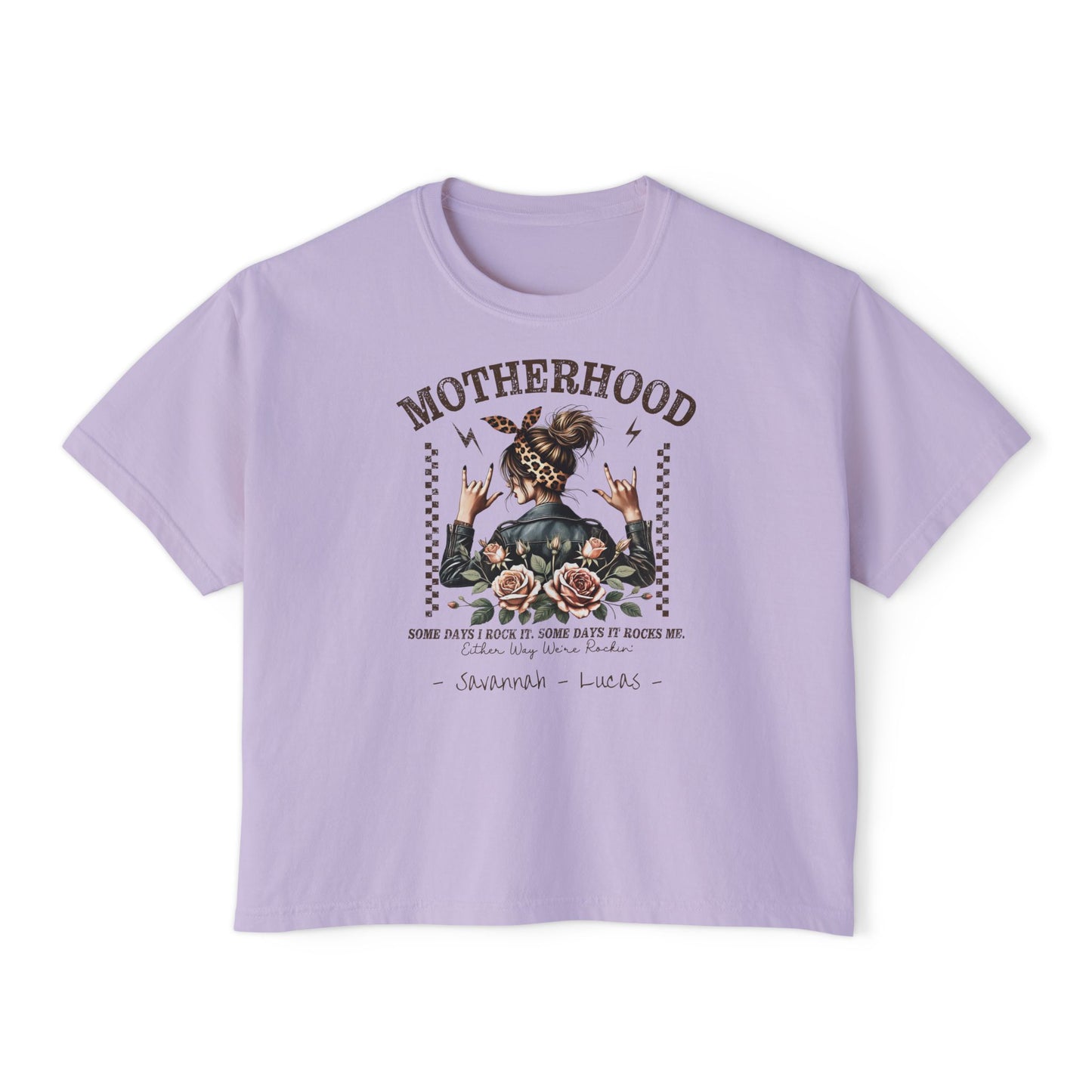 Rockin Motherhood Custom Name Boxy Tee — Mother's Day Shirt