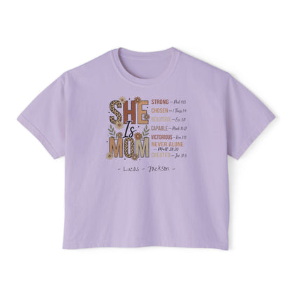 She Is Mom Custom Name Boxy Tee — Mother's Day Shirt