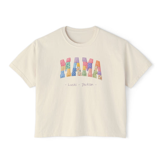 Faux Quilted Mama Custom Name Boxy Tee — Mother's Day Shirt