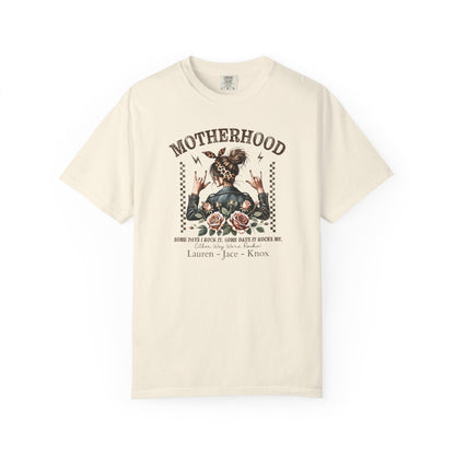 Rockin Motherhood Custom Name T-Shirt — Personalized Mom Script Graphic Tee