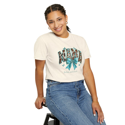 Mama Teal Bow Custom Name T-Shirt — Personalized Mom Script Graphic Tee