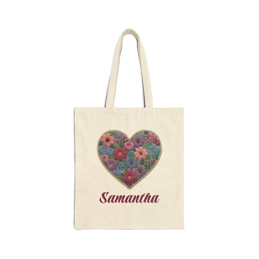 Floral Heart Custom Name Tote Bag – Personalized Cotton Canvas Market Tote