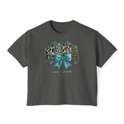 Mama Teal Bow Custom Name Boxy Tee — Mother's Day Shirt