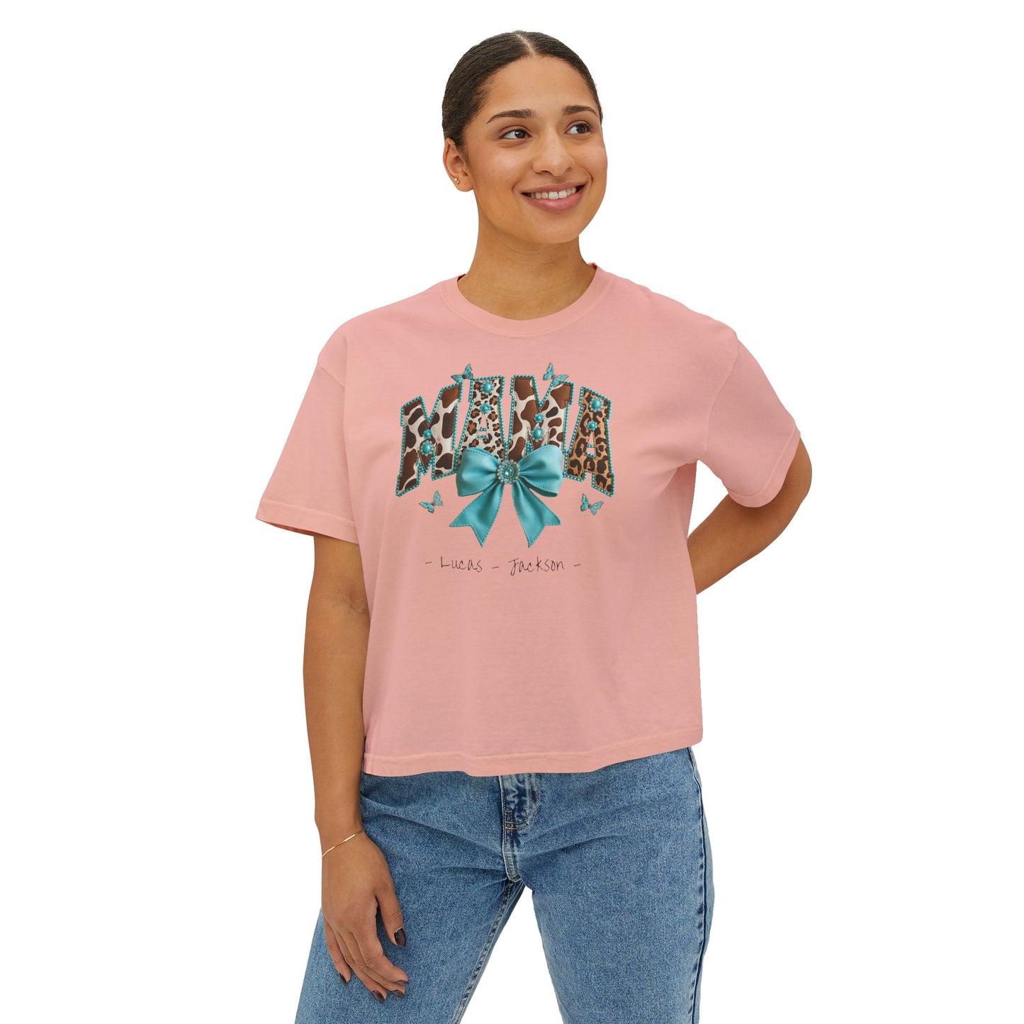 Mama Teal Bow Custom Name Boxy Tee — Mother's Day Shirt