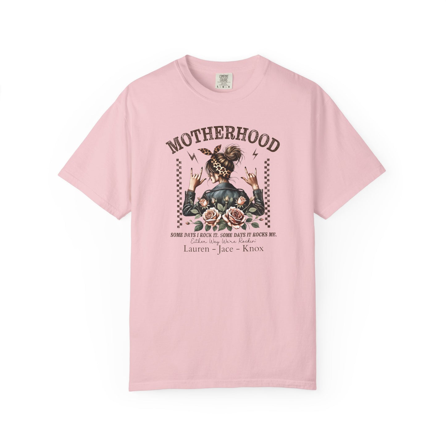 Rockin Motherhood Custom Name T-Shirt — Personalized Mom Script Graphic Tee