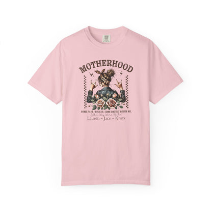 Rockin Motherhood Custom Name T-Shirt — Personalized Mom Script Graphic Tee