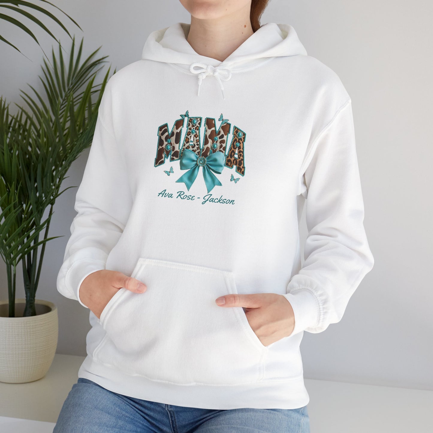 Mama Teal Bow Custom Kids Name Mama Hoodie — Personalized Mom Hoodie