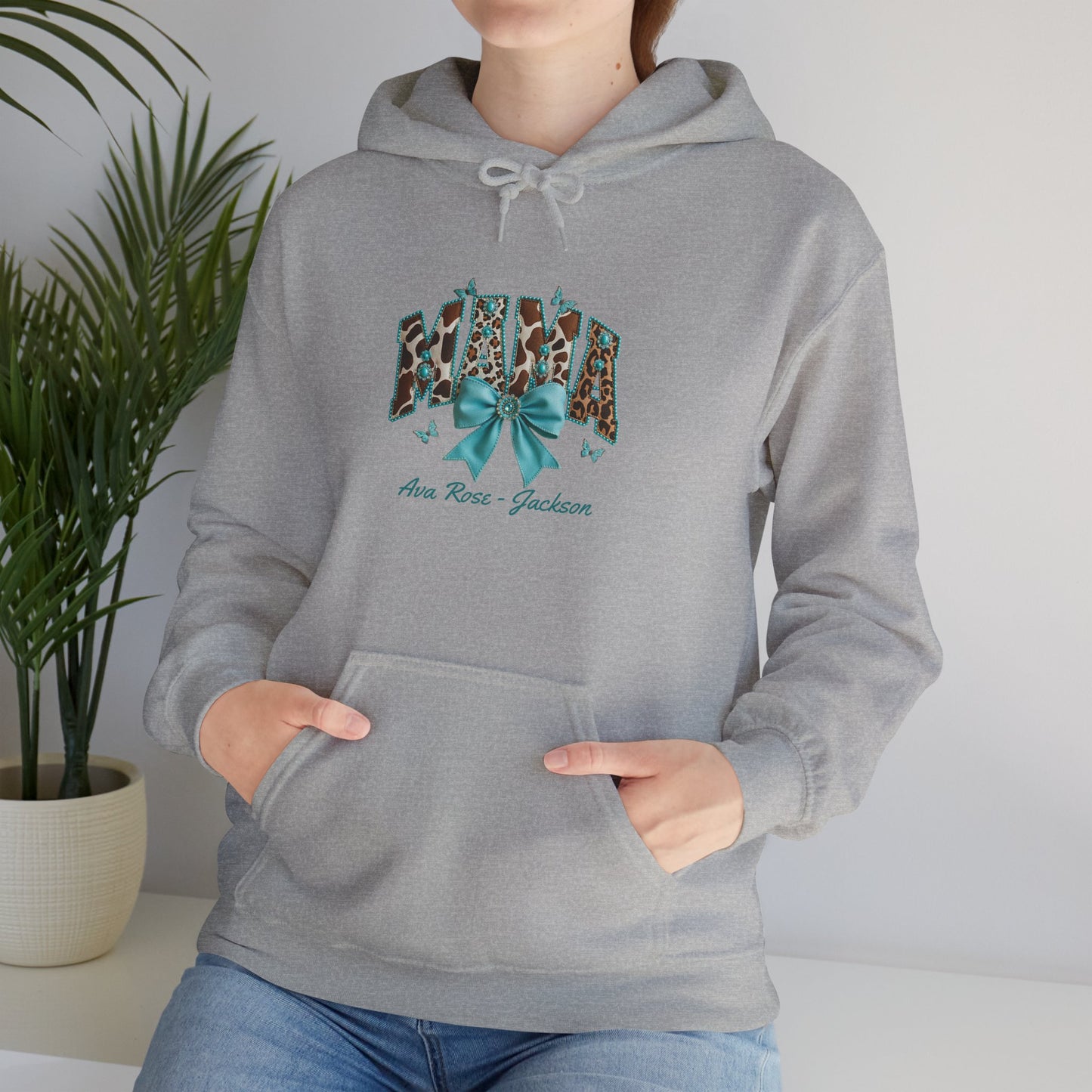 Mama Teal Bow Custom Kids Name Mama Hoodie — Personalized Mom Hoodie