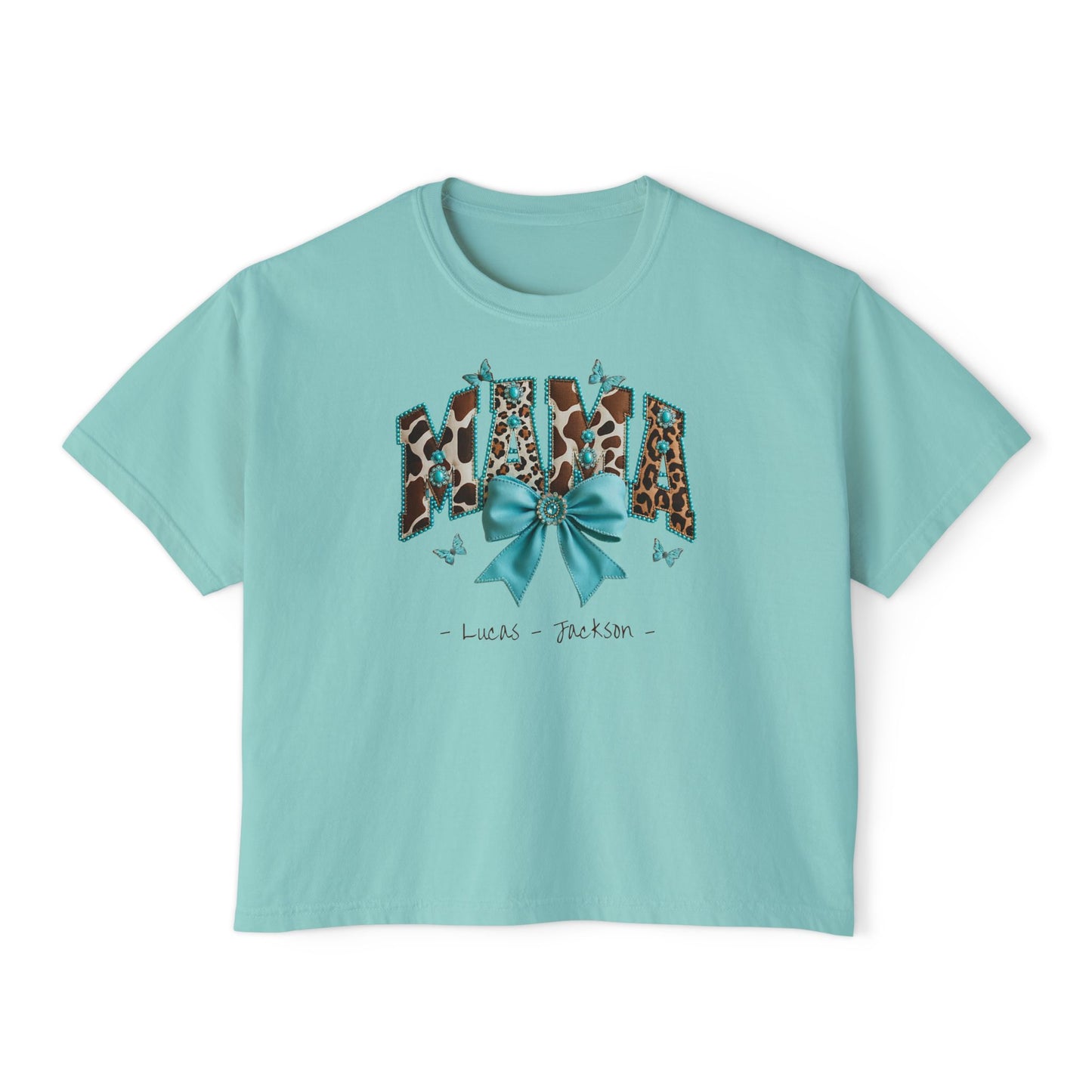Mama Teal Bow Custom Name Boxy Tee — Mother's Day Shirt