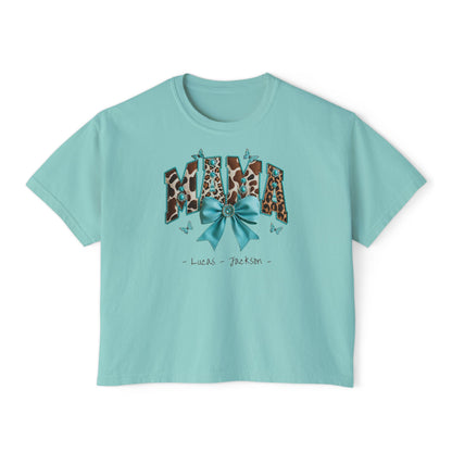 Mama Teal Bow Custom Name Boxy Tee — Mother's Day Shirt