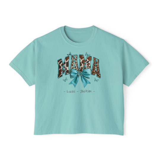 Mama Teal Bow Custom Name Boxy Tee — Mother's Day Shirt