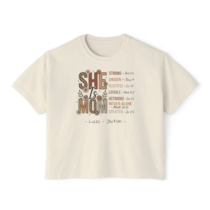 She Is Mom Custom Name Boxy Tee — Mother's Day Shirt