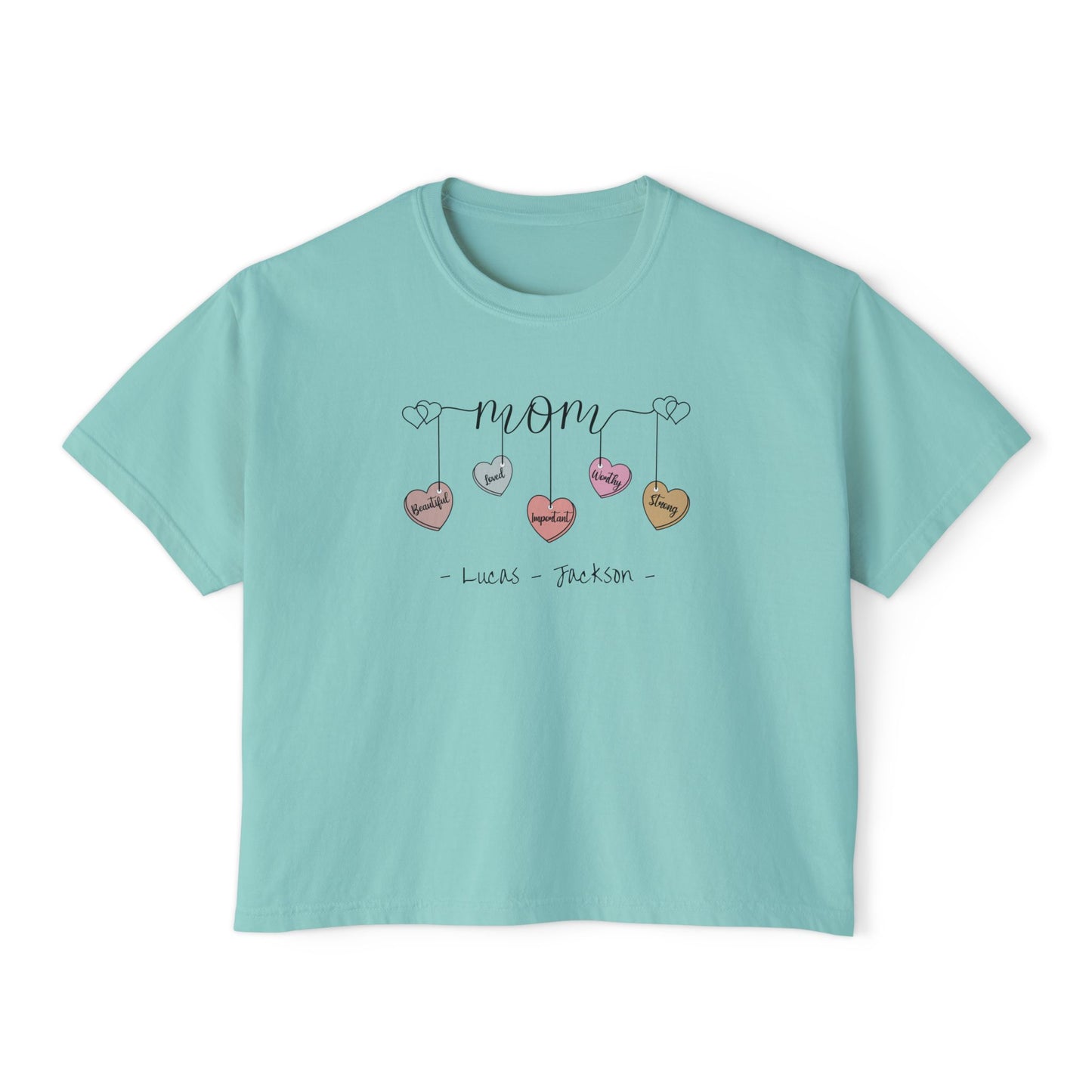 Mom Hearts Custom Name Boxy Tee — Mother's Day Shirt