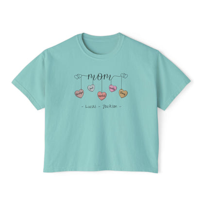 Mom Hearts Custom Name Boxy Tee — Mother's Day Shirt
