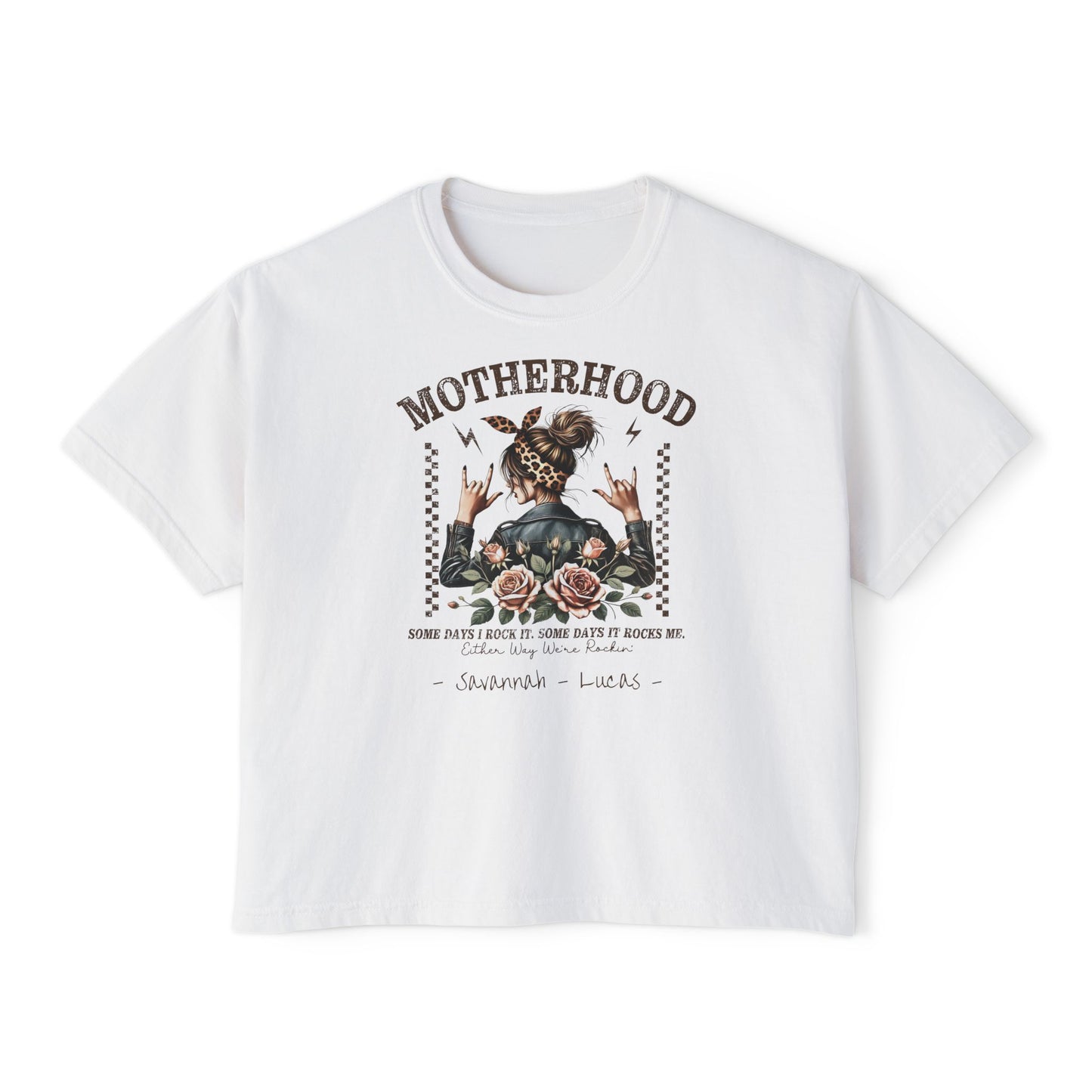 Rockin Motherhood Custom Name Boxy Tee — Mother's Day Shirt