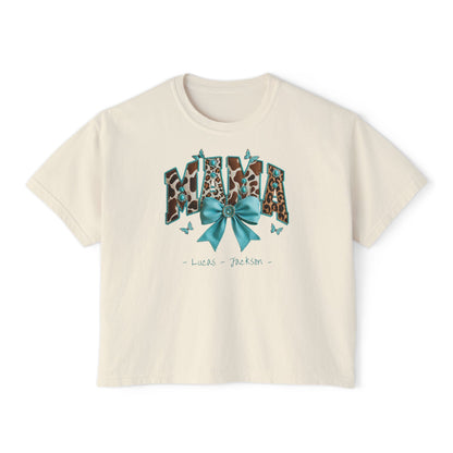 Mama Teal Bow Custom Name Boxy Tee — Mother's Day Shirt
