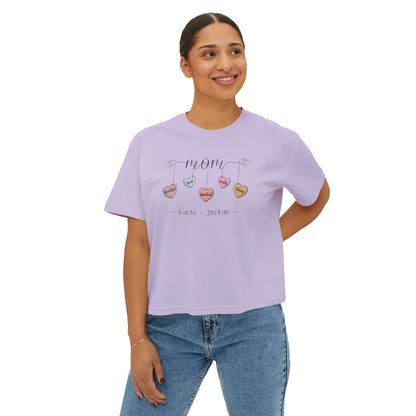 Mom Hearts Custom Name Boxy Tee — Mother's Day Shirt