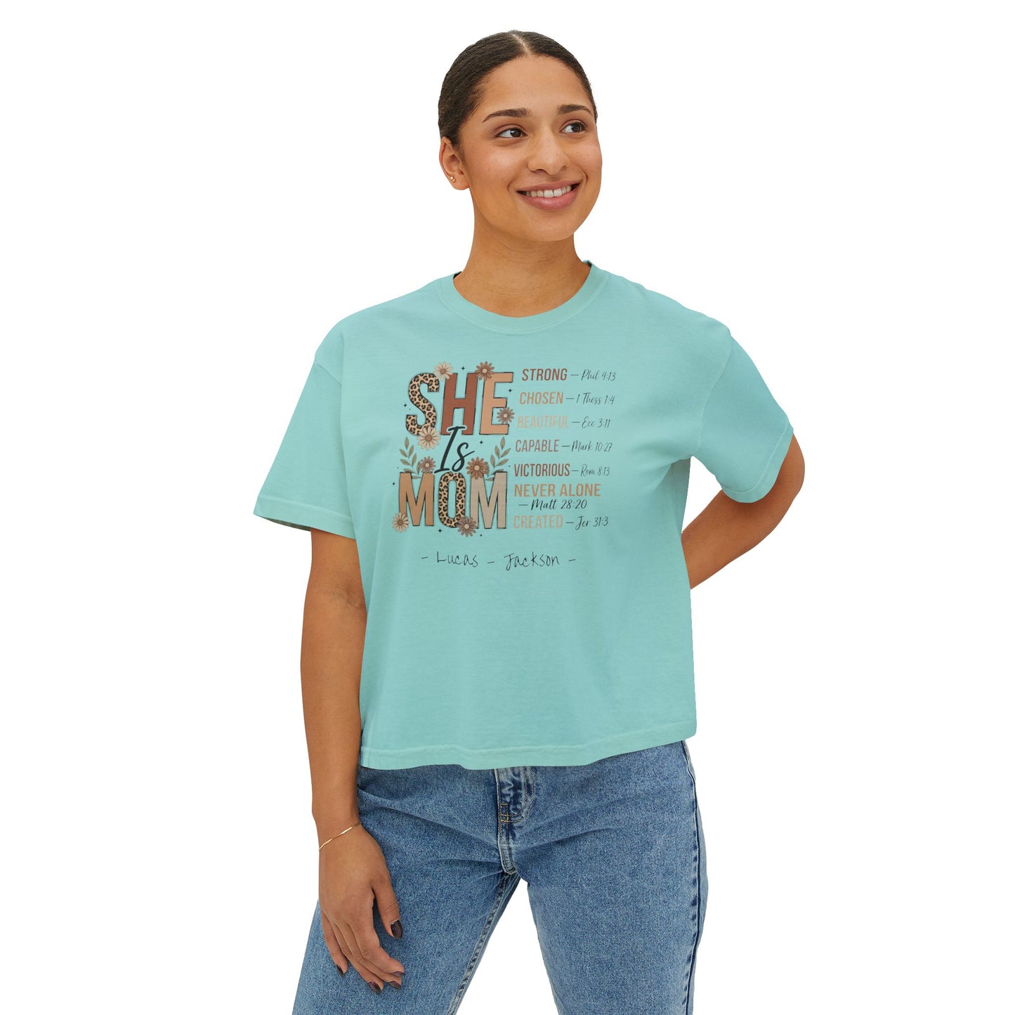 She Is Mom Custom Name Boxy Tee — Mother's Day Shirt
