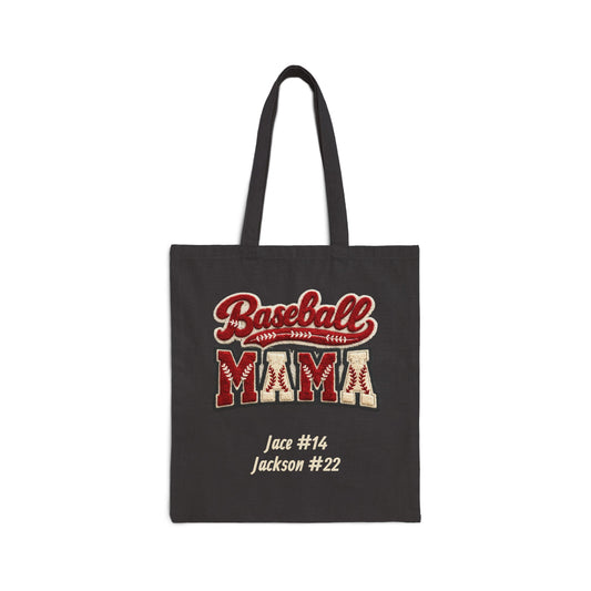 Baseball Mama Faux Embroidered Personalized Cotton Canvas Tote (Custom Name & Number)